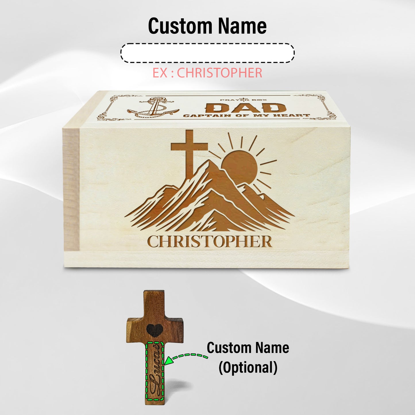 Netecom Personalized Dad Prayer Box with Custom Name on Box & Cross, Wooden Christian Keepsake with 100 Prayer Request Cards, Faith Gift for Father