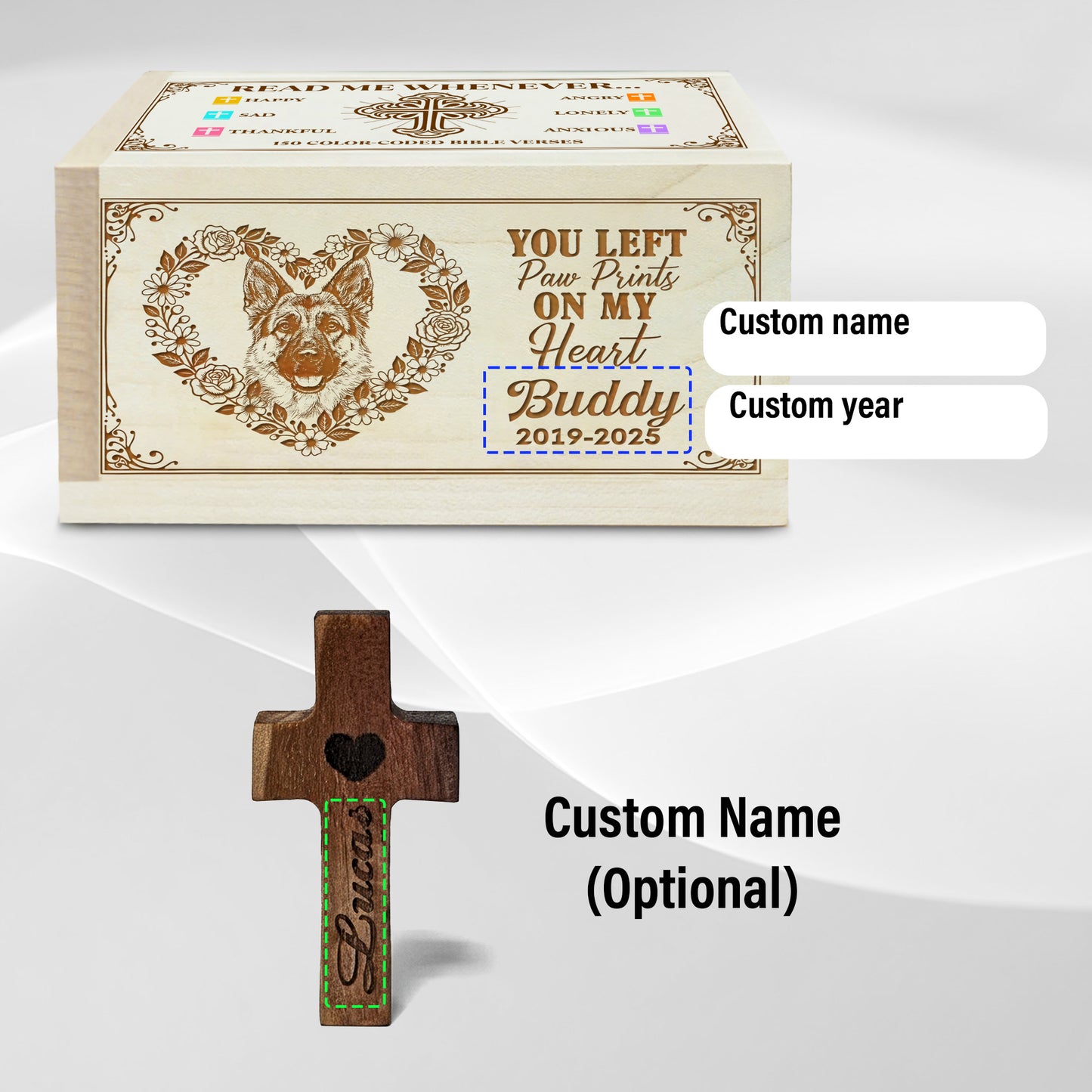 Netecom Personalized Dog Memorial Bible Verse Box with 150 Color-Coded Scriptures, Custom Name & Year on Box, Custom Name on Wooden Cross – Christian Faith Keepsake for Dog Loss, Comfort & Reflection