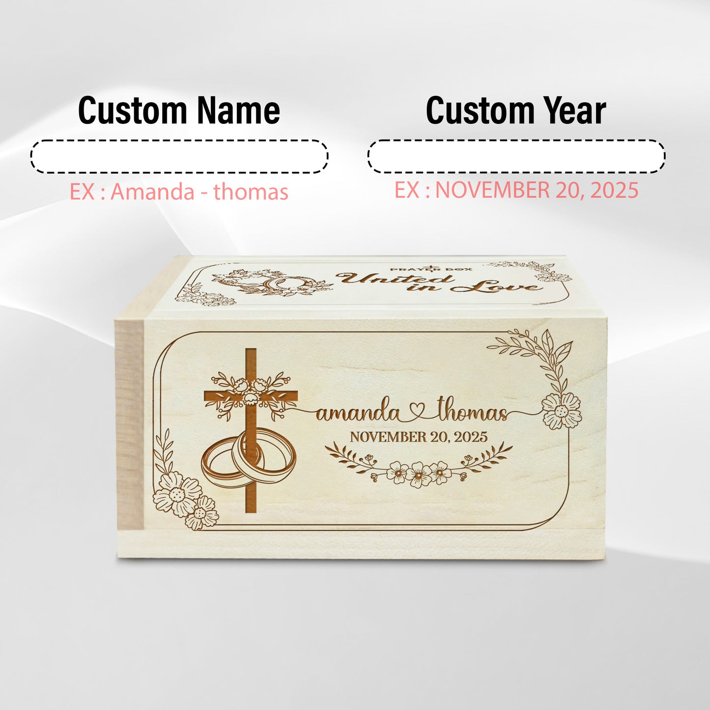 Netecom Personalized Marriage Prayer Box with Custom Name & Wedding Date, Christian Wedding Gift, Prayer Request Cards with Cross, United in Love Keepsake for Couples
