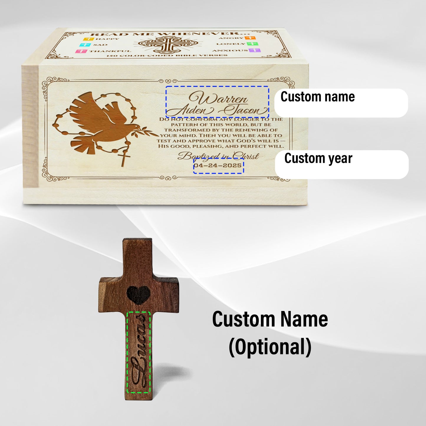 Netecom Personalized Bible Verse Box with 150 Color-Coded Scriptures, Custom Name & Year on Box, Custom Name on Wooden Cross – Christian Faith Keepsake Gift for Daily Prayer, Reflection & Spiritual Encouragement
