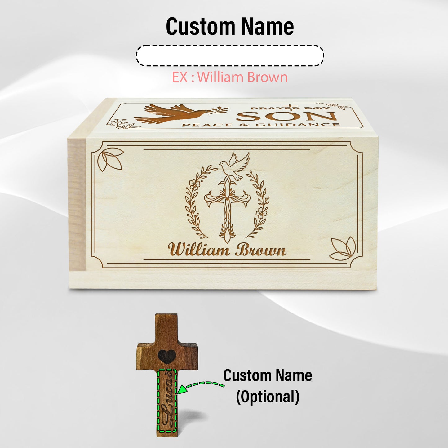 Netecom Personalized Prayer Box for Son with Custom Name on Box & Cross, Christian Gift with 100 Prayer Request Cards, Faith Keepsake for Son