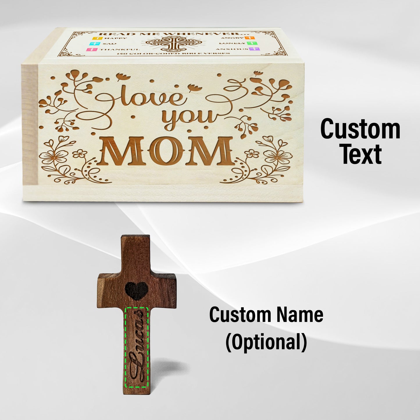 Netecom Personalized Bible Verse Box for Mom, Wooden Scripture Box with 150 Color-Coded Verses & Custom Name Prayer Cross – Meaningful Christian Gift for Mother