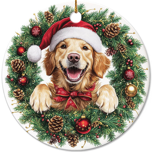 Netecom Funny Golden Retriever in Santa Hat Christmas Ornament, Puppy Ceramic Ornament for Xmas Tree Hanging Decorations Gift, Dog Lover Gifts, Holiday Party Present