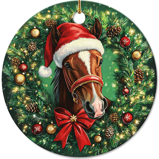 Netecom Funny Horse Christmas Ornament, Farm Animal Santa Hat Ceramic Ornament for Xmas Tree Hanging Decorations Gift, Farmhouse Decor, Horse Lover Gifts, Holiday Party Present