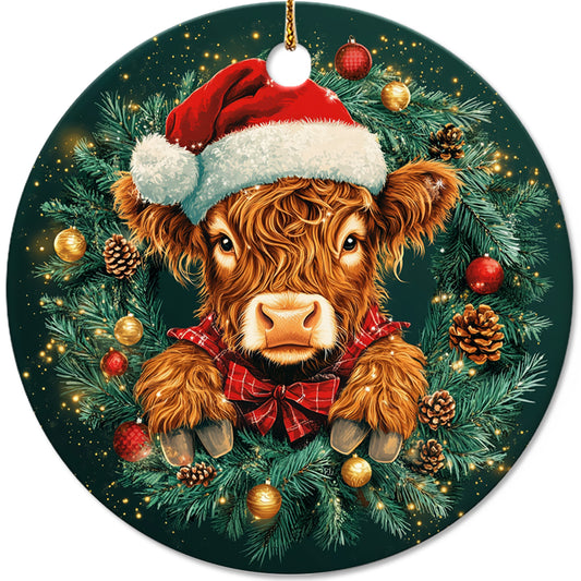 Netecom Funny Cow Christmas Ornament, Highland Cow Christmas Ceramic Ornament for Xmas Tree Hanging Decorations Gift, Farmhouse Decor, Gifts for Famer, Holiday Party Present