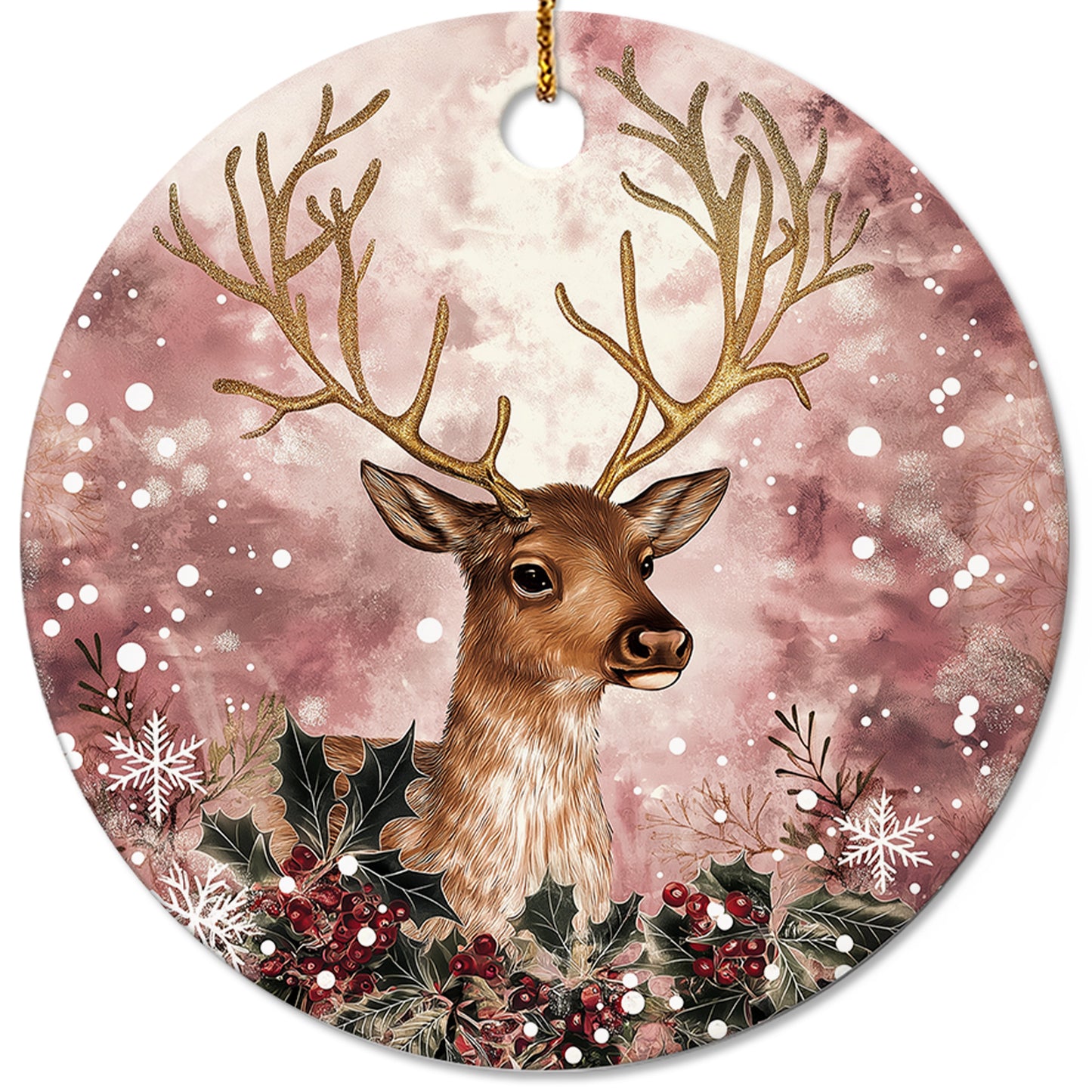 Netecom Reindeer Pink Ornament, Ceramic Deer and Flowers Keepsake Ornament for Xmas Tree Decorations, Reindeer Lover Gift, Gifts for Holiday, Party, Home Decor