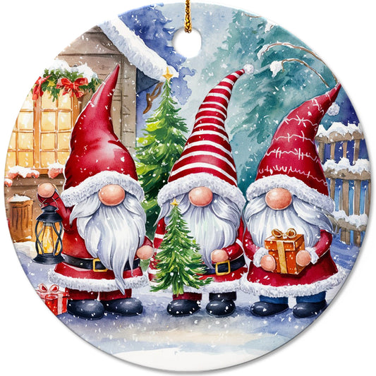 Netecom Funny Christmas Gnomes Ornament, Three Santa Gnomes in Snowy Winter Scene Ceramic Ornament for Christmas Tree Hanging Decorations Gift, Gnome Lover Gifts, Holiday Party Present