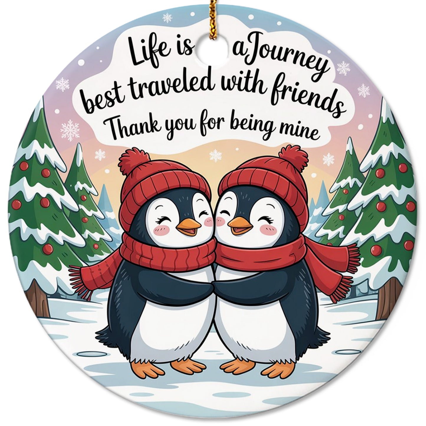 Netecom Cute Penguin Christmas Ornament, Life Is a Journey Best Traveled With Friends Ceramic Ornament for Xmas Tree Hanging Decorations Gift, Friendship Gifts for Besties, Best Friends, BFF