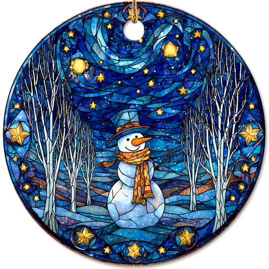 Netecom Funny Stained Glass Snowman Christmas Ornament, Winter Night Sky Ceramic Ornament for Xmas Tree Hanging Decorations Gift, Gifts for Friends & Family, Holiday Party Present