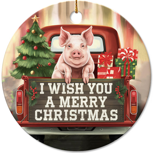 Netecom Funny Pig in Red Truck Ornament, I Wish You a Merry Christmas Ceramic Ornament for Christmas Tree Hanging Decorations Gift, Farm Animal Lover Gifts, Holiday Party Present