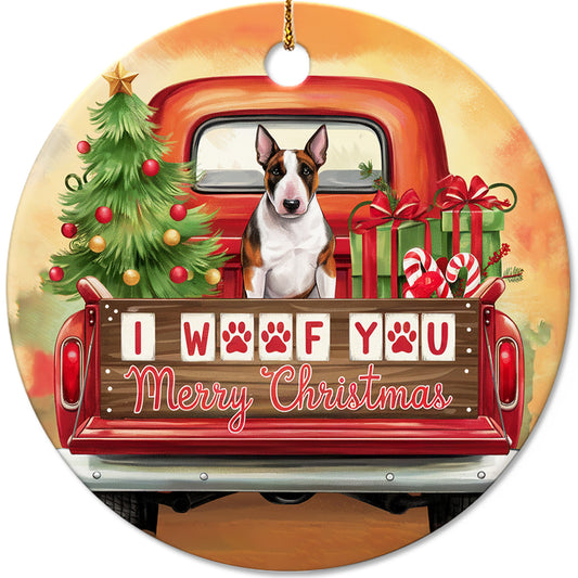 Netecom Funny Bull Terrier in Red Truck Ornament, I Woof You Merry Christmas Ceramic Ornament for Christmas Tree Hanging Decorations Gift, Dog Lover Gifts, Holiday Party Present