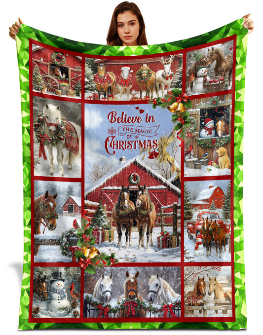 Netecom Horse Christmas Blanket, Farmhouse Winter Throw Blanket for Couch, Bed or Sofa, Ultra Soft and Warm, Horse Lover Gifts, Present for Christmas
