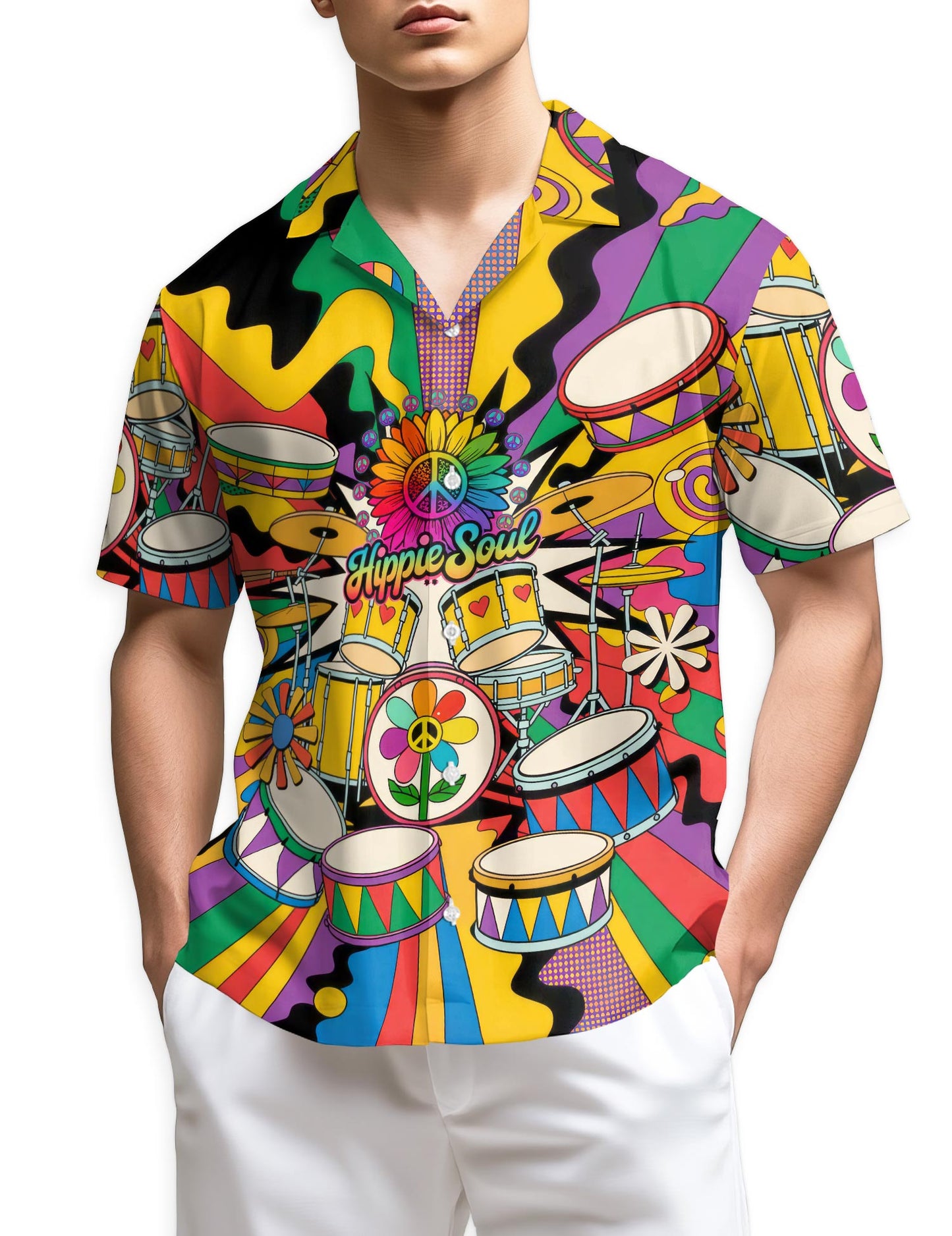 Netecom Peace Love Drums Hawaiian Shirt for Men, Button Down Summer Beach Short Sleeve, S-5XL