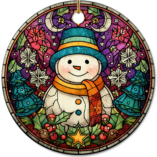 Netecom Funny Stained Glass Snowman Ornament, Snowman Christmas Ceramic Ornament for Xmas Tree Hanging Decorations Gift, Gifts for Friends & Family, Holiday Party Present