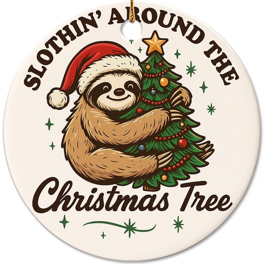 Netecom Funny Sloth in Santa Hat Orrnament, Slothin Around The Christmas Tree Ceramic Ornament for Xmas Tree Hanging Decorations Gift, Sloth Lover Gifts, Holiday Party Present