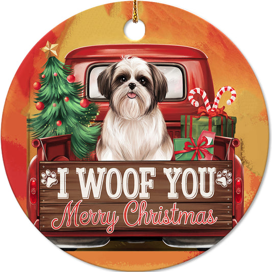 Netecom Funny Shih Tzu Dog in Red Truck Ornament, I Woof You Merry Christmas Ceramic Ornament for Christmas Tree Hanging Decorations Gift, Puppy Lover Gifts, Holiday Decor Present