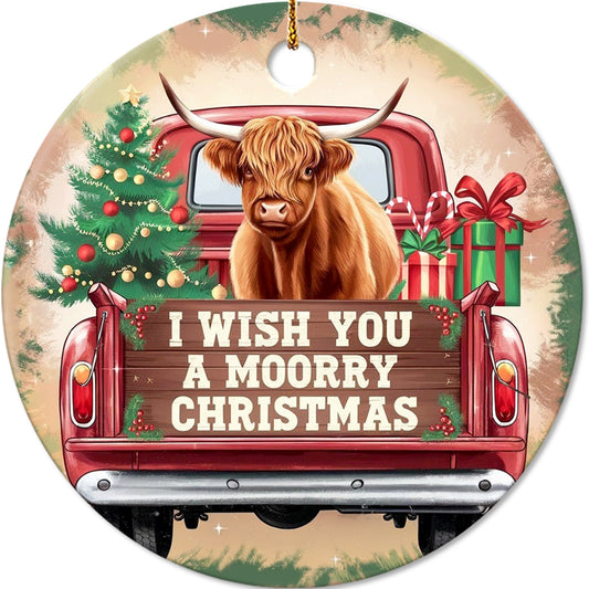 Netecom Funny Highland Cow in Red Truck Ornament, I Wish You a Moorry Christmas Ceramic Ornament for Christmas Tree Hanging Decorations Gift, Farm Animal Lover Gifts, Holiday Party Present