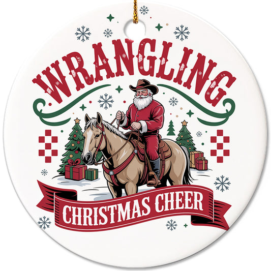 Netecom Funny Cowboy Santa Christmas Ornament, Western Santa Riding Horse Ceramic Ornament for Xmas Tree Hanging Decorations Gift, Gifts for Famer, Famehouse Decor, Holiday Party Present