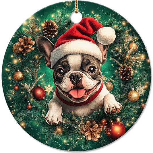 Netecom Funny French Bulldog in Santa Hat Christmas Ornament, Puppy Ceramic Ornament for Xmas Tree Hanging Decorations Gift, Dog Lover Gifts, Holiday Party Present