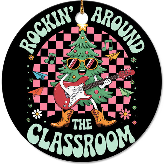 Netecom Funny Christmas Rock Ornament, Rockin' Around The Classroom Ceramic Ornament for Xmas Tree Hanging Decorations Gift, Gifts for Guitar Player Music Enthusiasts, Holiday Party Present