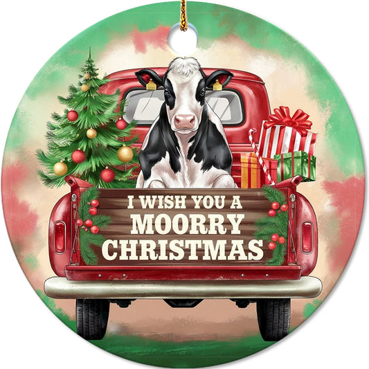 Netecom Funny Dairy Cattle in Red Truck Ornament, I Wish You a Moorry Christmas Ceramic Ornament for Christmas Tree Hanging Decorations Gift, Farm Animal Lover Gifts, Holiday Party Present