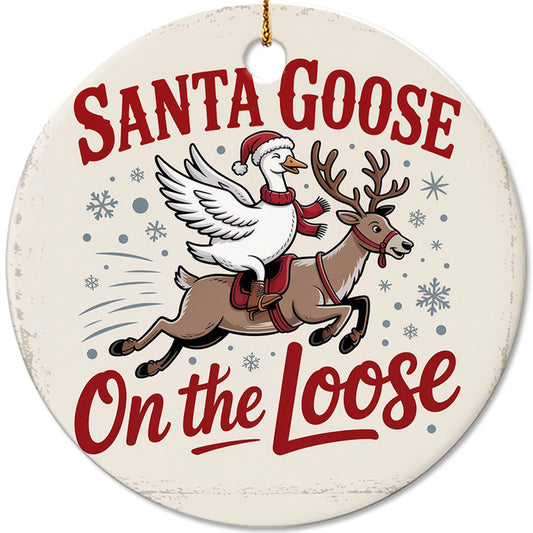Netecom Funny Santa Goose on the Loose Ornament, Goose in Santa Hat Riding Reindeer Ceramic Ornament for Christmas Tree Hanging Decorations Gift, Duck Lover Gifts, Holiday Party Present