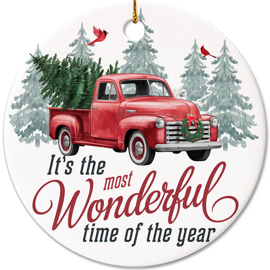 Netecom Funny Red Truck Christmas Tree Ornament, It’s the Most Wonderful Time of the Year Ceramic Ornament for Christmas Tree Hanging Decorations Gift, Truck Lover Gifts, Holiday Party Present