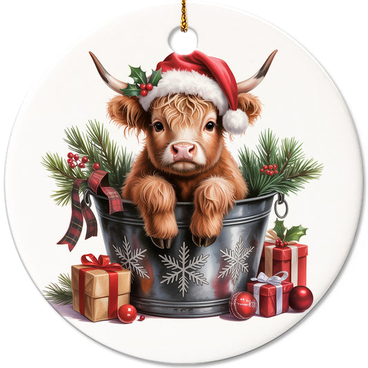 Netecom Funny Highland Cow in Bucket Ornament, Highland Cow Christmas Ceramic Ornament for Xmas Tree Hanging Decorations Gift, Farmhouse Decor, Gifts for Famer, Holiday Party Present