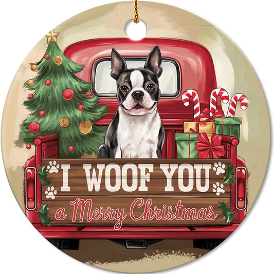Netecom Funny Boston Terrier in Vintage Truck Ornament, I Woof You a Merry Christmas Ceramic Ornament for Christmas Tree Hanging Decorations Gift, Puppy Lover Gift, Holiday Decor Present