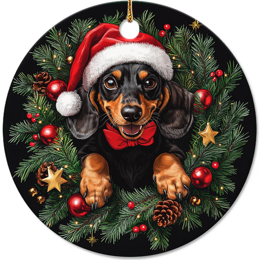 Netecom Funny Dachshund in Santa Hat Christmas Ornament, Wiener Dog Ceramic Ornament for Xmas Tree Hanging Decorations Gift, Dog Lover Gifts, Holiday Party Present