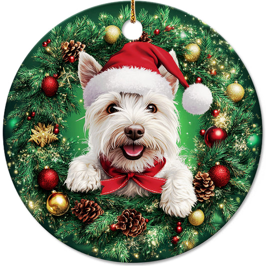 Netecom Funny West Highland White Terrier in Santa Hat Christmas Ornament, Westie Dog Ceramic Ornament for Xmas Tree Hanging Decorations Gift, Puppy Lover Gifts, Holiday Party Present