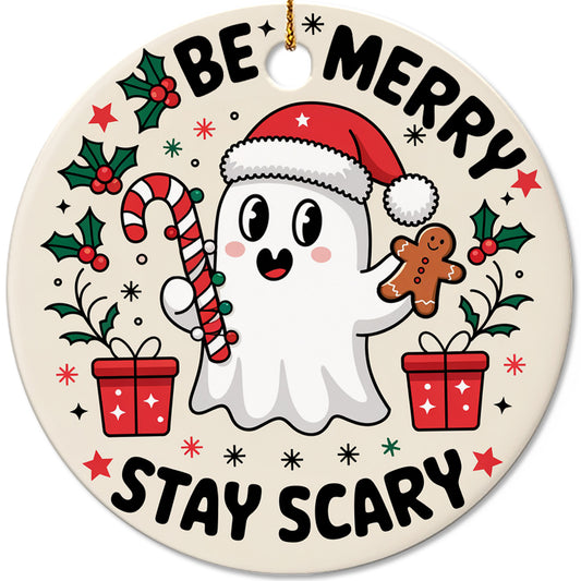 Netecom Funny Santa Ghost Christmas Ornament, Be Merry Stay Scary Ceramic Ornament for Xmas Tree Hanging Decorations Gift, Home Decor, Gifts for Friends & Family, Holiday Party Present