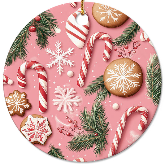 Netecom Funny Pink Holiday Sweets Christmas Ornament, Ceramic Candy Canes and Gingerbread Cookies Keepsake Ornament for Xmas Tree Decorations, Gifts for Holiday, Party, Home Decor
