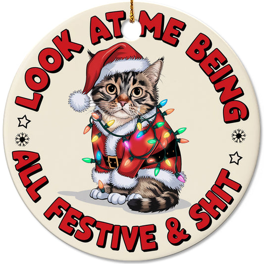 Netecom Funny Cat in Santa Outfit Ornament, Look At Me Being All Festive and Shit Ceramic Ornament for Christmas Tree Hanging Decorations Gift, Cat Lover Gifts, Holiday Party Present