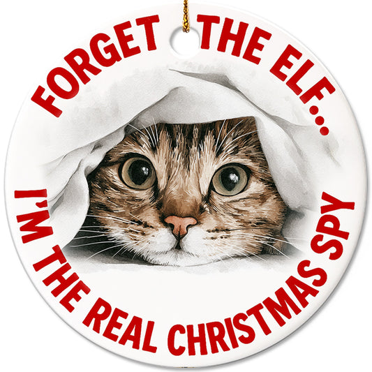 Netecom Funny Cat Christmas Ornament, Forget the Elf I'm the Real Christmas Spy Ceramic Ornament for Tree Hanging Decorations Gift, Cat Lover Gifts, Holiday Party Present