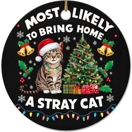 Netecom Funny Cat in Santa Hat with Christmas Tree Ornament, Most Likely to Bring Home a Stray Cat Ceramic Ornament for Xmas Tree Hanging Decorations Gift, Pet Lover Gift, Holiday Party Present