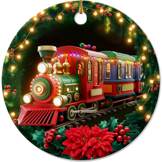 Netecom Funny Locomotive Christmas Ornament, Train Wreath Ceramic Ornament for Xmas Tree Hanging Decorations Gift, Train Lover Gifts, Home Decor, Holiday Party Present