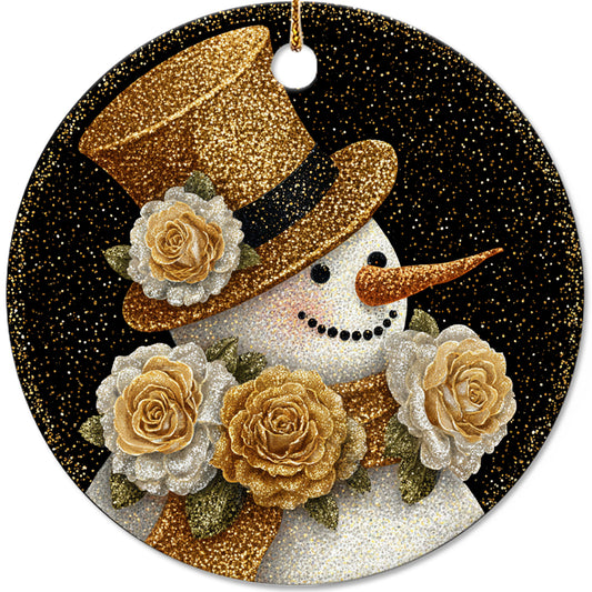 Netecom Gold Glitter Snowman Christmas Ornament, Funny Floral Ceramic Ornament for Xmas Tree Hanging Decorations Gift, Home Decor, Snowman Lover Gifts, Holiday Party Present
