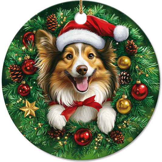 Netecom Funny Shetland Sheepdog Christmas Ornament, Dog Santa Hat Ceramic Ornament for Xmas Tree Hanging Decorations Gift, Puppy Lover Gifts, Home Decor, Holiday Party Present