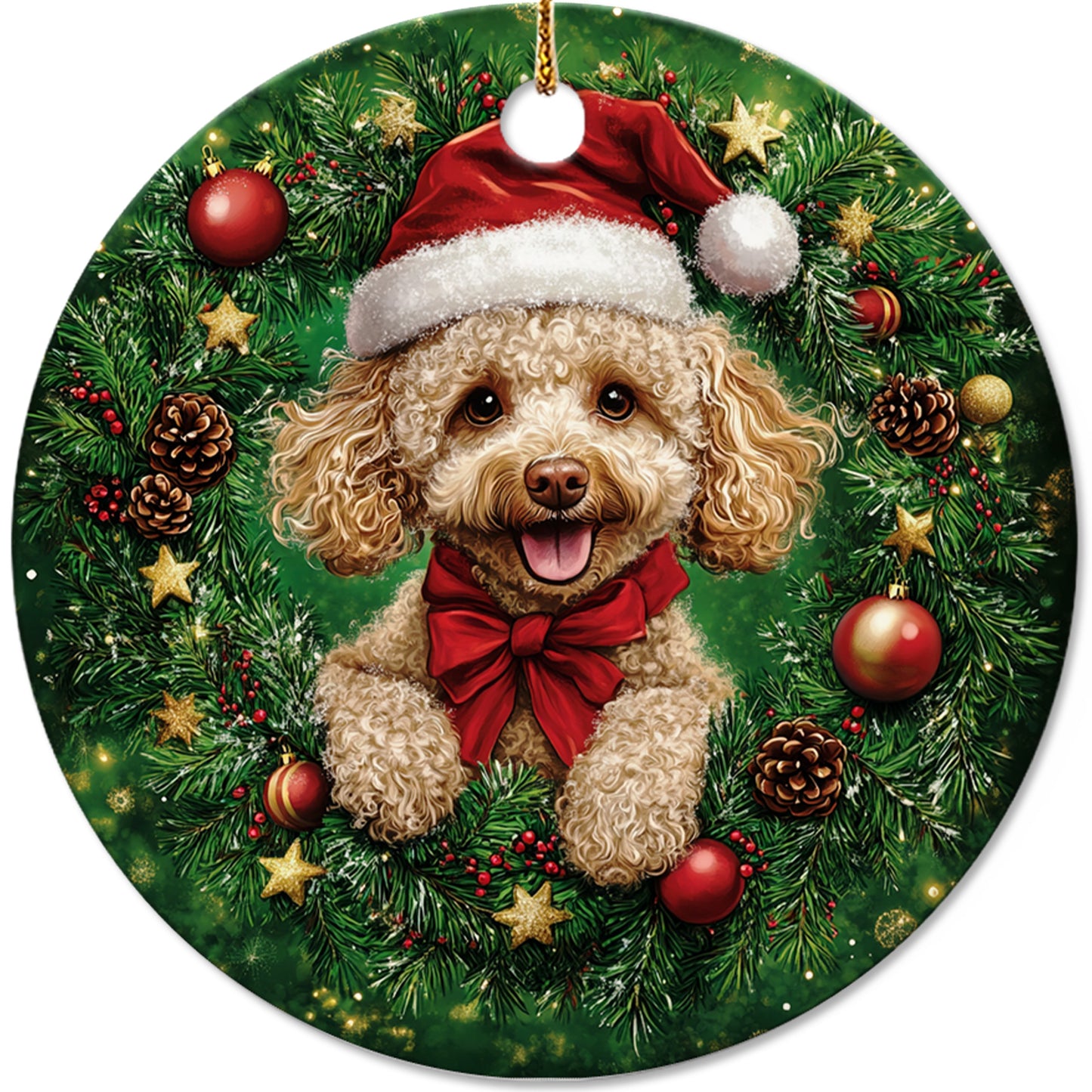 Netecom Cute Poodle Christmas Ornament, Dog Santa Hat Ceramic Ornament for Xmas Tree Hanging Decorations Gift, Puppy Lover Gifts, Home Decor, Holiday Party Present