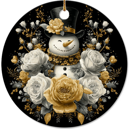 Netecom Funny Snowman Floral Ornament, Gold and White Christmas Ceramic Ornament for Xmas Tree Hanging Decorations Gift, Home Decor, Snowman Lover Gifts, Holiday Party Present