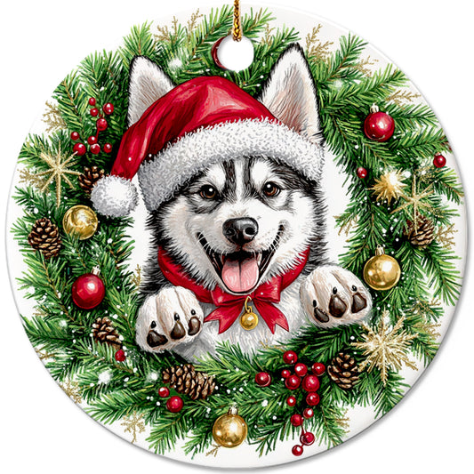 Netecom Funny Siberian Husky in Santa Hat Christmas Ornament, Puppy Ceramic Ornament for Xmas Tree Hanging Decorations Gift, Dog Lover Gifts, Holiday Party Present