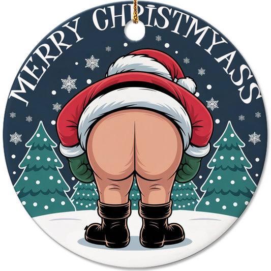 Netecom Funny Santa Ornaments, Merry Christ My Ass Ceramic Ornament for Christmas Tree Hanging Decorations Gift, Funny Gag Gifts for Men Women, Holiday Party Present