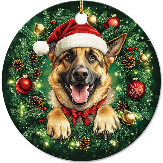 Netecom Funny German Shepherd in Santa Hat Christmas Ornament, Puppy Ceramic Ornament for Xmas Tree Hanging Decorations Gift, Dog Lover Gifts, Holiday Party Present