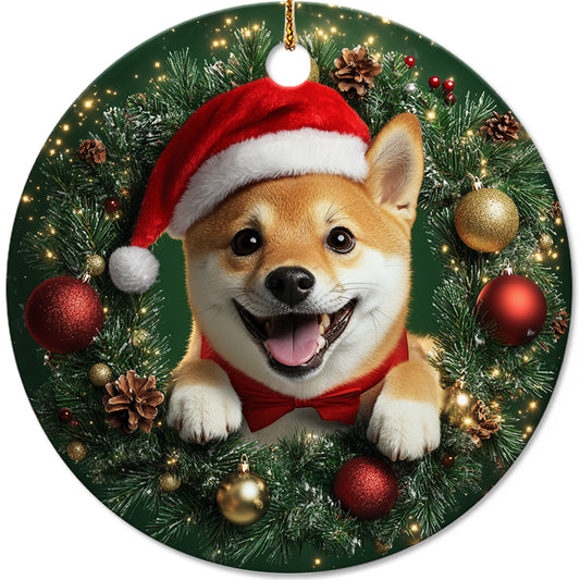 Netecom Funny Shiba Inu Christmas Ornament, Dog Santa Hat Ceramic Ornament for Xmas Tree Hanging Decorations Gift, Puppy Lover Gifts, Home Decor, Holiday Party Present