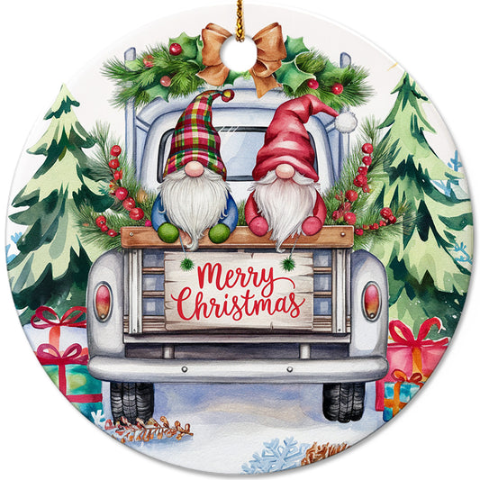 Netecom Funny Gnomes in White Truck Ornament, Merry Christmas Ceramic Ornament for Xmas Tree Hanging Decorations Gift, Gnomes Lover Gifts, Home Decor, Holiday Party Present