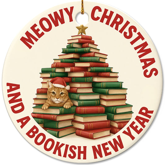 Netecom Funny Cat with Book Stack Ornament, Meowy Catmas and Bookish Christmas Tree Ceramic Ornament for Xmas Tree Hanging Decorations Gift, Book Lover Gifts for Women, Holiday Party Present