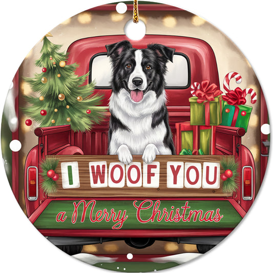 Netecom Funny Border Collie Dog in Red Truck Ornament, I Woof You Merry Christmas Ceramic Ornament for Christmas Tree Hanging Decorations Gift, Puppy Lover Gifts, Holiday Decor Present