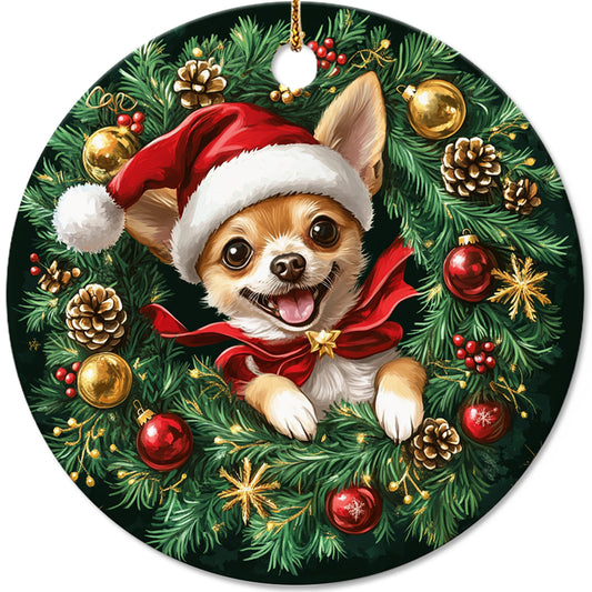 Netecom Funny Chihuahua in Santa Hat Christmas Ornament, Puppy Ceramic Ornament for Xmas Tree Hanging Decorations Gift, Dog Lover Gifts, Holiday Party Present