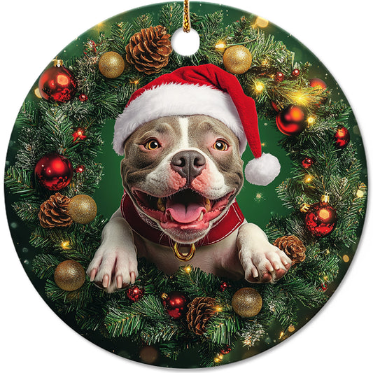 Netecom Funny Pitbull Christmas Ornament, Dog Santa Hat Ceramic Ornament for Xmas Tree Hanging Decorations Gift, Puppy Lover Gifts, Home Decor, Holiday Party Present
